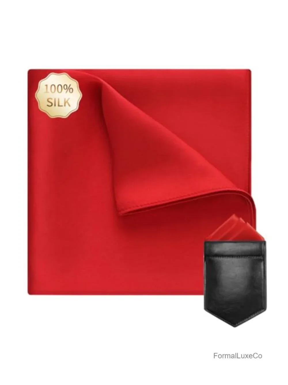 100% Mulberry Silk Pocket Square with Leather Holder, Formal Accessory, 19 Momme